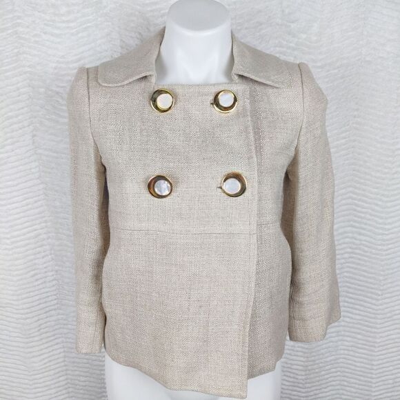 Milly Cream Gold Cropped Tweed Pea Coat Sz 2
